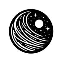 Black and white celestial swirling lines of energy merging with starry sky, encircling a bright moonlike orb inside a cosmic sphere. vector