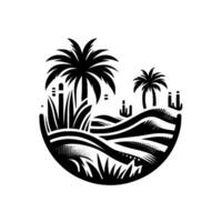 Stylized desert landscape featuring palm trees, rolling dunes, cacti, and tall grass within a black circle, minimalist . vector