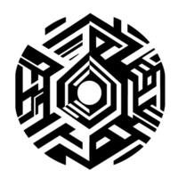 A symmetrical, black and white geometric featuring a central hexagon, a white circle, and a maze of interconnected shapes in a circular layout. vector
