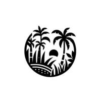 Black and White Tropical Scene Silhouette of Palm Trees, Sunset and Grasses within a Circular Frame on a Clean White Background. vector