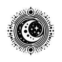 Intricate Black and White Crescent Moon with Stars Mandala , Surrounded by Ornate Dotted and Circular Border Elements on a White Background. vector
