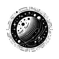 Monochromatic Celestial Orb Stylized, intricate illustration of a planet surrounded by stars, planets and cosmic lines, in a black and white minimalist . vector