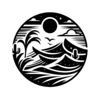 Silhouette Desert Scene Circular Black and White Minimalist Featuring Cacti, Palm, Mountains, Sun, Birds, and Clouds. vector