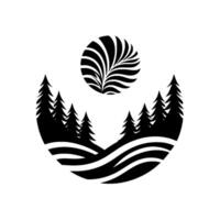 Minimalist Black and White Landscape Circular Composition Featuring Silhouette Pine Trees, Wavy Terrain, and Abstract Sun. vector