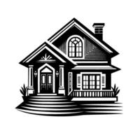 Black and white minimalist illustration of a classic house with detailed architecture, featuring a porch, arched window, and chimney, set against a subtle gray arc backdrop. vector