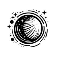 Black and white celestial with crescent moon, stars, planets, and concentric circles, evoking a sense of cosmic mystery. vector