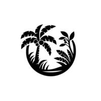 Minimalist Black and White Tropical Paradise Featuring a Palm Tree, Plants, and a Curved Enclosure on White Background. vector