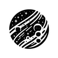 Black and white circular illustration depicting a stylized celestial body with planets, stars, and a cometlike pattern, reminiscent of a night sky. vector