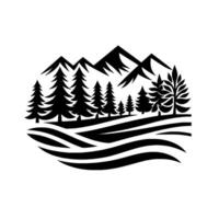 Monochrome landscape illustration with stylized mountain range, evergreen trees, and rolling hills in black and white, creating a minimalist aesthetic. vector