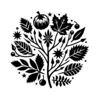 Circular Black and White Illustration Featuring Autumnal Foliage with Pumpkin, Leaves, Berries, and Stars, Symbolic of Harvest. vector