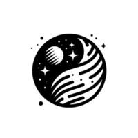 YinYang Cosmic Balance Moon and Starry Night with Geometric Waves in a Circular Black and White Composition vector