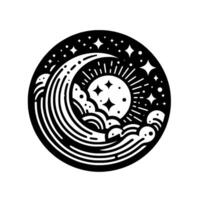 Celestial Serenity A Black and White Circular Illustration Featuring a Crescent Moon, Sun, Stars, and Ocean Waves in a Minimalist Style. vector