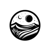 Black and white circular minimalist with desert landscape, moon, sun, and stars. vector