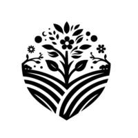 A stylized black and white illustration of a blossoming tree growing from cultivated fields, within a shieldlike emblem. vector