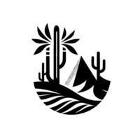 Minimalist black and white desert landscape featuring geometric cacti, mountain, and stylized horizon within a circular frame. vector