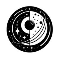 Divided Space A symmetrical black and white celestial emblem featuring starry voids, planets, and cosmic orbits. vector