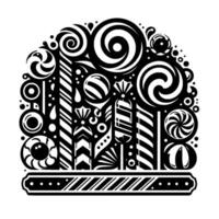 Whimsical monochrome candy illustration featuring lollipops, spiral swirls, and various sweets arranged in a semicircle. vector
