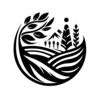 Black White Circular Emblem of Nature Tree, Fields, Mountains, Forest, Sun. A symbolic depiction of the environment. vector