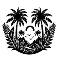 Silhouette of a tropical scene with two palm trees framing a mountain landscape, crescent sun, and birds in flight, all in a blackandwhite paper cut style. vector