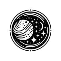 Celestial emblem stylized black and white planetary sphere with a crescent moon and stars within a circular frame, evoking cosmic wonder. vector