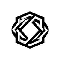 Geometric black and white interlocking shape within a circular frame, a modern symmetrical on a textured white backdrop. vector