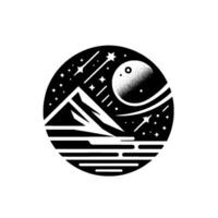 Black and white circular featuring a mountain range overlooking a sea under a starry night with a textured moon and shooting stars, evoking a sense of wonder. vector