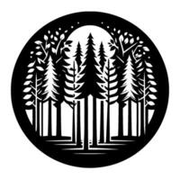 Silhouette of a forest scene within a circle, with trees and branches reaching toward a bright, circular shape, evoking calm and nature. vector