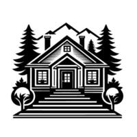 Black and White Illustration of a Lodge with Mountains, Pine Trees, and a Scenic Landscape, Representing Nature and Home. vector