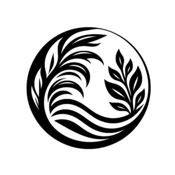 un minimalista negro y blanco de estilizado botánico elementos, presentando fluido hojas y olas contenido dentro un circular marco. vector