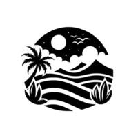 A minimalist black and white illustration depicting a serene island night scene, featuring palm trees, stylized waves, mountains, moon, stars, birds, and clouds within a semicircular frame. vector