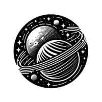 Intricate Black and White Illustration Orbiting Planets with Stellar Backdrop in Circular Composition. vector