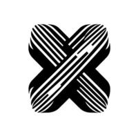 Abstract monochrome featuring an intertwined X shape constructed from converging parallel white and black stripes, set against a minimalist white backdrop. vector