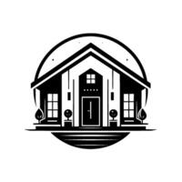Monochromatic Illustration of a Modern Home with Circular Frame, Facade, and Minimalist Elements vector