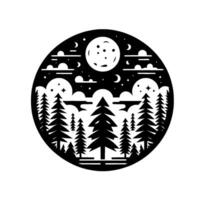 Silhouette of a moonlit forest landscape inside a circle, with pine trees, clouds, stars, and celestial elements. vector