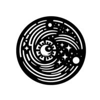 Black and white illustration of celestial bodies within a circular , featuring a crescent moon, stars, planets, and swirling cosmic patterns. vector