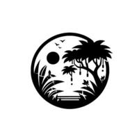 Black and White Tropical Silhouette Palm Trees, Sun, Birds, and Garden Elements Inside a Circular Frame. vector