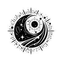 Black and white celestial featuring a crescent moon, sunburst, stars and cosmic elements, rendered in a minimalist style, resembling an eye or a divine symbol. vector