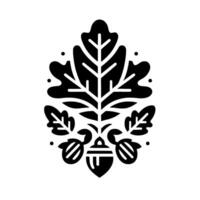 Symmetrical Black and White Oak Leaf and Acorn , Minimalist Representation with Decorative Elements on White Background. vector