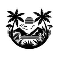 A symmetrical, black and white minimalist of a tropical landscape, complete with palm trees, mountains, sunset, birds, and lush vegetation, arranged within a circular frame. vector