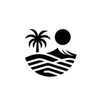Minimalist Tropical Landscape Palm Tree, Sun, and Mountain Silhouette Against a White Background in a Geometric . vector