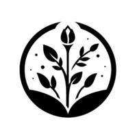 Stylized Black and White Floral Emblem A Rosebud and Leaf Arrangement Within a Circular Border on a White Background vector