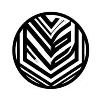 A geometric, minimalist in a circular frame, featuring a bold, stylized letter E and intricate line patterns in black against a white backdrop. vector