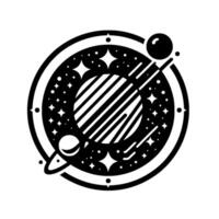 Black and white minimalist illustration of a planetary system with stars and moons, in a circular composition. vector