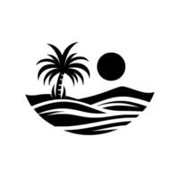 Minimalist black and white landscape silhouette featuring a palm tree on a sandy beach, with a sun over rolling hills. vector