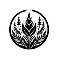 Stylized black and white emblem featuring a central, elongated leaf flanked by miniature fir trees and intricate fern elements, all contained within a circular border. vector