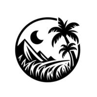 Black and white tropical landscape illustration within a circle, featuring mountains, palm trees, moon, and grass. vector