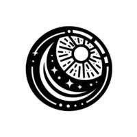 Celestial Black Circle with Crescent Moon, Sun, and Stars, minimalist illustration on white background. vector