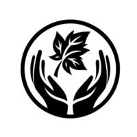 A stylized black and white emblem featuring hands cradling a stylized leaf inside a circular frame, representing environmental protection and care. vector