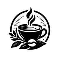 Bold Black and White Coffee Cup with Steam, Coffee Bean, Leafy Branches, within a Circular Emblem, Modern . vector