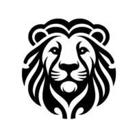 A bold, symmetrical black and white lion head , with stylized mane and fierce gaze against a plain white backdrop. vector
